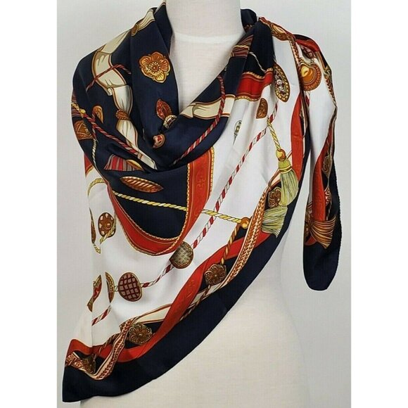 Italian Blue Framed Scarf Wrap Medallions Tassels 44" Square Vintage Polyester - Picture 1 of 11